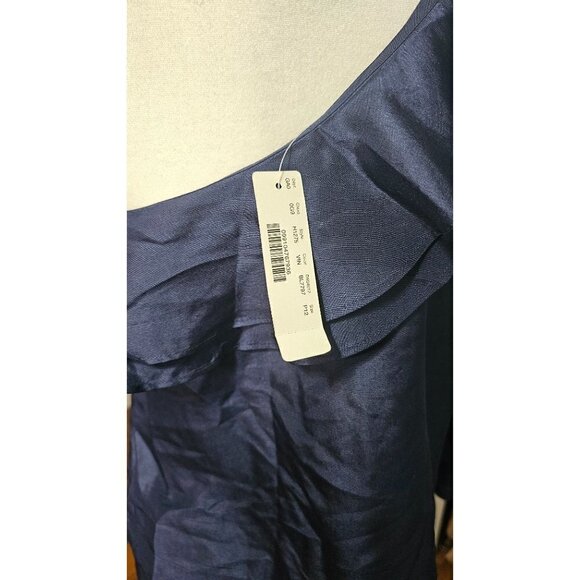 NWT J.Crew navy blue one shoulder silk top with ruffles balloon sleeve size 12P - Picture 6 of 8